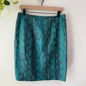 Jana Kos Leather Pencil Skirt Size 8 Teal Snakeskin Embossed Made in USA Y2K
